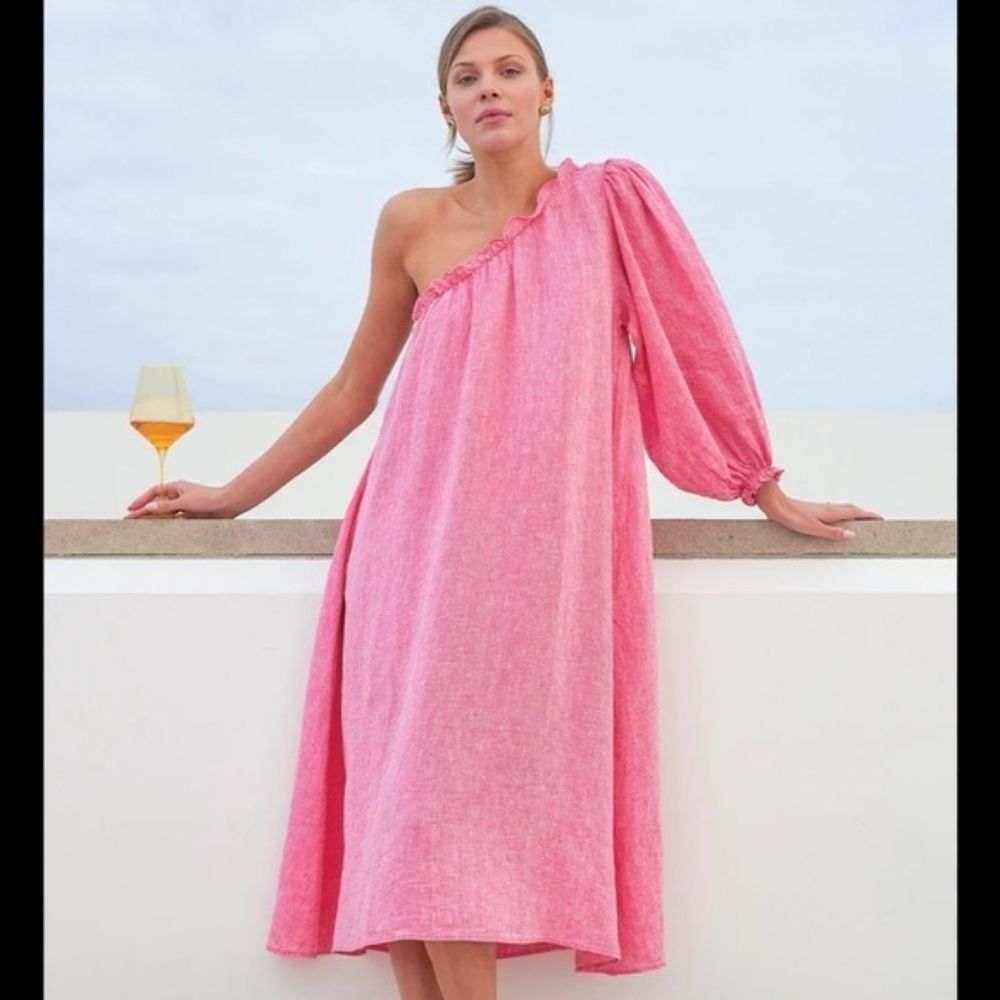 LAKE Milly Zinnia Pink Resortwear Beach Linen Midi One Shoulder Dress Size XL